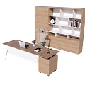 Modern Wooden Desk and Chair Set with Bookcase Laptop Lamp and Documents