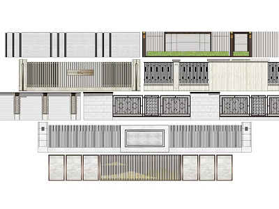 Modern Feature Wall Design With Vertical Grilles Stone Panels And Wooden Frames 3d model