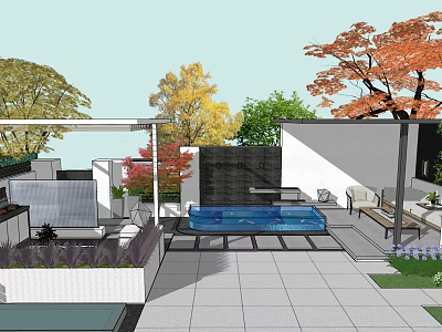 Courtyard Garden Featuring Blue Pool Stone Patio Pergola Outdoor Seating Flower Beds And Colorful Trees 3d model