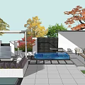 Courtyard Garden Featuring Blue Pool Stone Patio Pergola Outdoor Seating Flower Beds And Colorful Trees