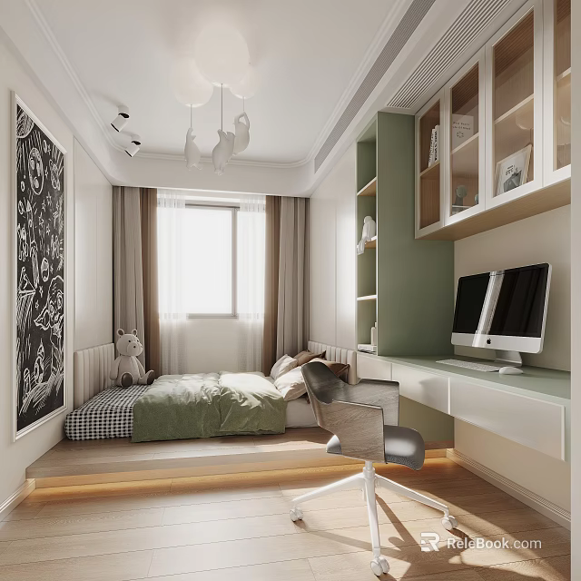 Modern Tatami Bedroom Interior With Tatami Bed Desk Computer Bookshelf Window Curtains And Decorative Painting 3d model 