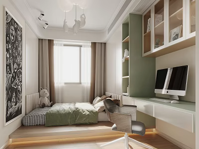 Modern Tatami Bedroom Interior With Tatami Bed Desk Computer Bookshelf Window Curtains And Decorative Painting 3d model