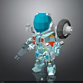 Low Poly Block Style Robot Character With Blue Armor Red Yellow Accents And Weapon Arm