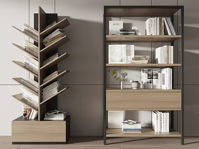 Modern Bookshelves With Spiral And Open Shelf Design Wood Metal Frame Books Decorative Items 3d model