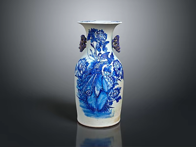 Exquisite Blue and White Vase with Intricate Sculpted Floral Patterns and Double Handles 3d model