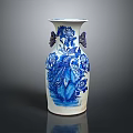 Exquisite Blue and White Vase with Intricate Sculpted Floral Patterns and Double Handles