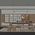 Modern Tea Room Interior Design With Long Table Benches Wooden Shelves And Tea Sets