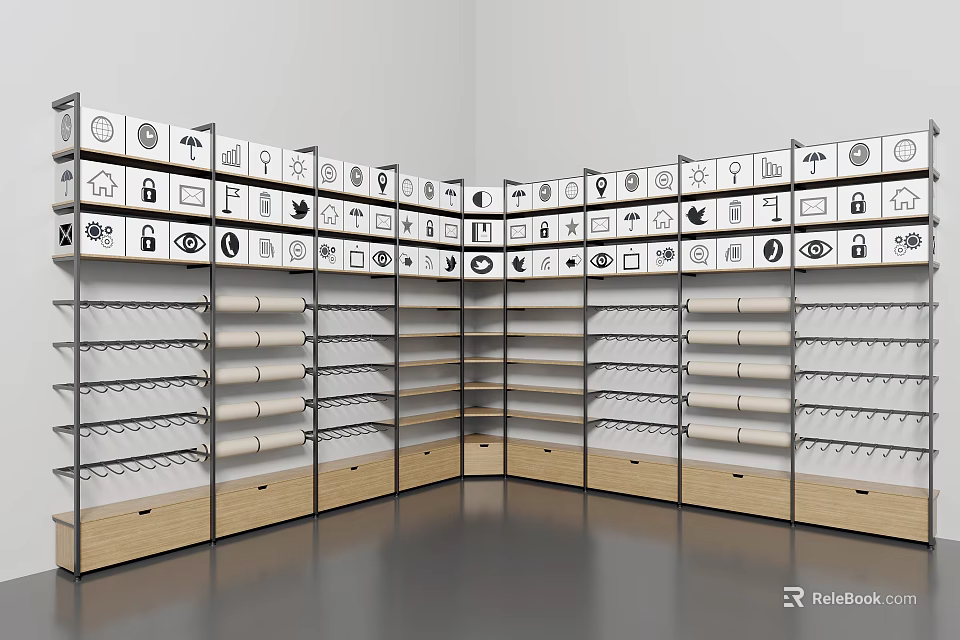 Corner Display Shelves With Multiple Layers Bottom Drawers And Icon Panels In Retail Store 3d model 