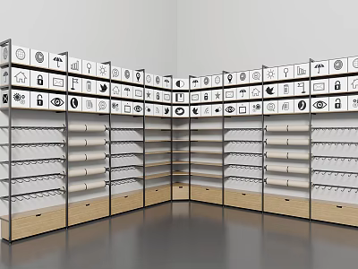Corner Display Shelves With Multiple Layers Bottom Drawers And Icon Panels In Retail Store 3d model