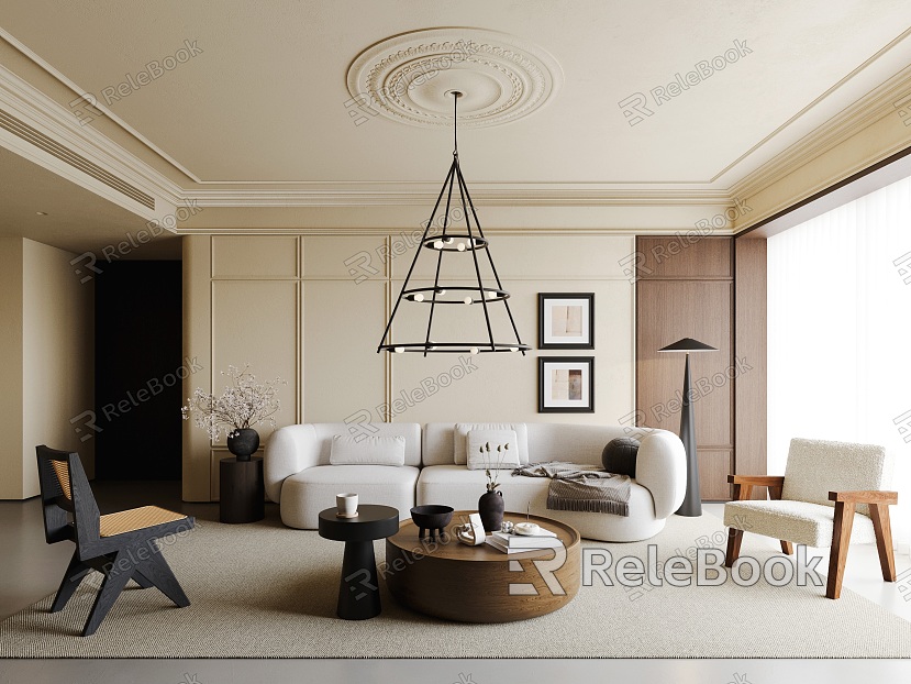 French Cream Style Living Room Curved Sofa Shaped Sofa Coffee Table Combination Chandelier Floor Lamp Single Chair Rattan Chair model