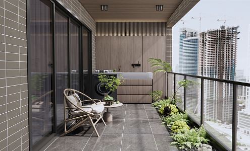 modern balcony home balcony plant landscape sketch green plant washing machine cabinet washbasin leisure chair sliding door 3d model