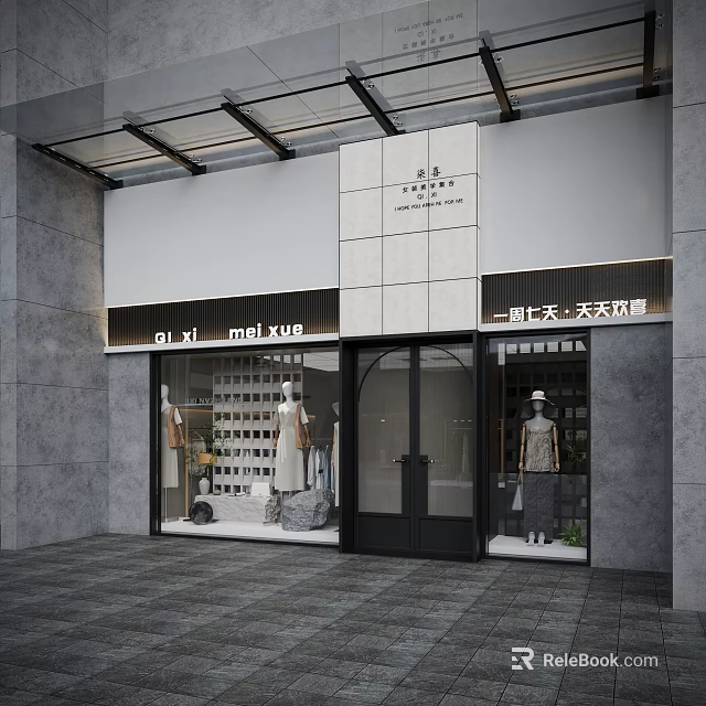 Modern Clothing Store Front With Glass Windows And Mannequins In Window 3d model 