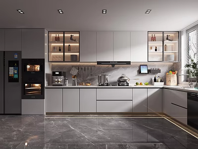 Modern Kitchen Interior With Gray Cabinets Marble Countertop Island Built in Appliances And Lighting 3d model