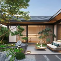 Serene Japanese Garden Courtyard with Lush Greenery Pond Lotus Stones Outdoor Seating and Wooden Architecture