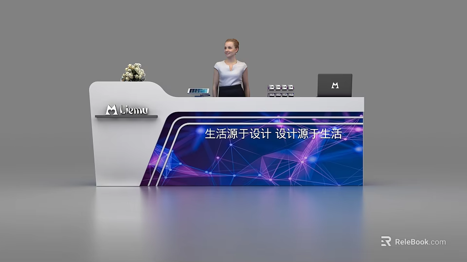 Lismo Reception Desk With Receptionist Flower Arrangement Tablet And Geometric Pattern Design 3d model 