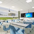School Modern Classroom Featuring Smart Blackboard Display Screen Blue Walls And Neat Desks Chairs
