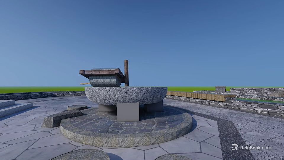 Garden Ornament With Circular Stone Base Stone Slab Flooring Under Blue Sky And Grassland 3d model 