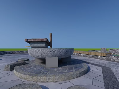 Garden Ornament With Circular Stone Base Stone Slab Flooring Under Blue Sky And Grassland 3d model