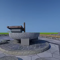 Garden Ornament With Circular Stone Base Stone Slab Flooring Under Blue Sky And Grassland