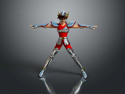 Heroic Warrior Character in Red Silver Armor with Horned Helmet Arms Outstretched 3d model
