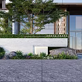 Modern White Feature Wall With Green Plants Rock And Building Entrance