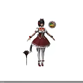 Game Movie Character Wearing Red White Dress with Long Socks Black Fan and Skill Icons