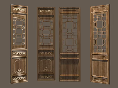 Traditional Chinese Wooden Carved Screens Four Panels With Intricate Patterns And Ornate Designs 3d model