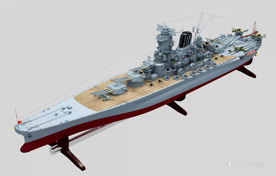 Detailed Warship Scale Model With Wooden Deck And Display Stand 3d model 