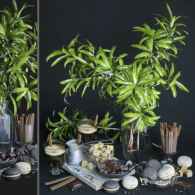 Green Leafy Plant With Chocolate Chunks Macarons Coffee Drinks And Cinnamon Sticks 3d model 