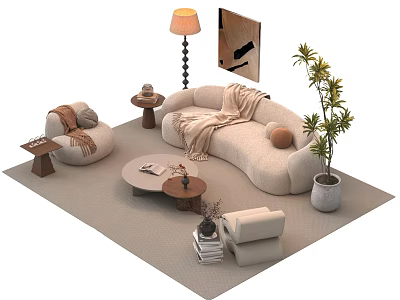 Beige Multi Person Sofa With Blanket Pillow Round Coffee Table Floor Lamp And Green Plant 3d model