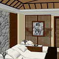 SPA Sauna Interior Design With Wooden Ceiling Stone Wall And Relaxation Beds