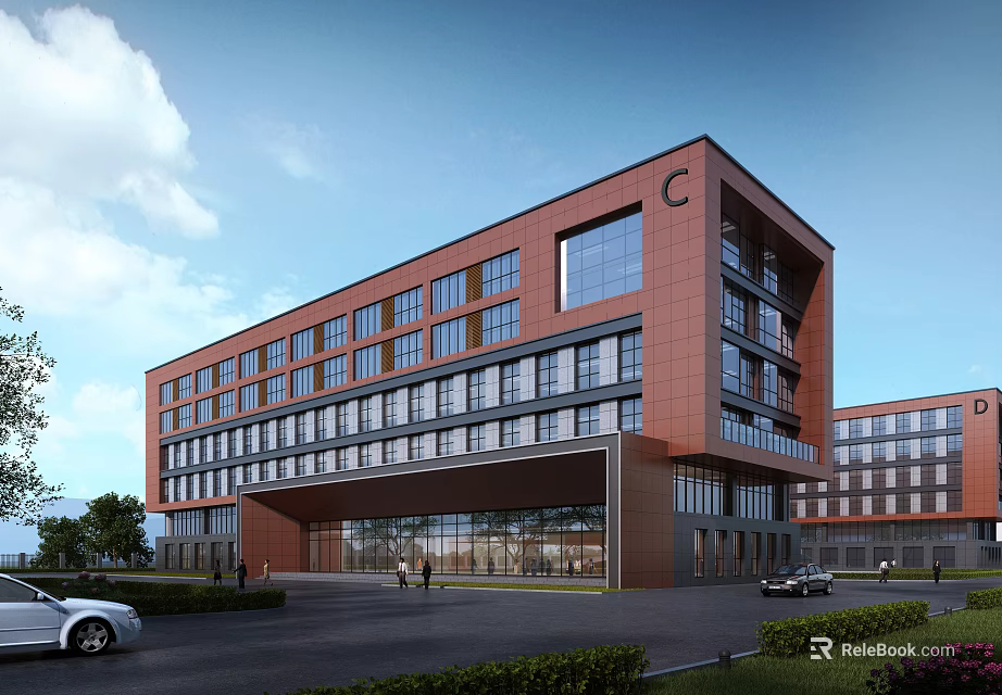 Modern Office Building Exterior With Glass Windows Entrance And Parking Area 3d model 