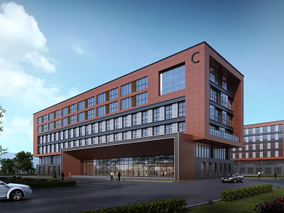 Modern Office Building Exterior With Glass Windows Entrance And Parking Area 3d model