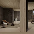 Hotel Public Lounge Area With Wooden Ceiling Concrete Walls Large Windows And Cozy Seating