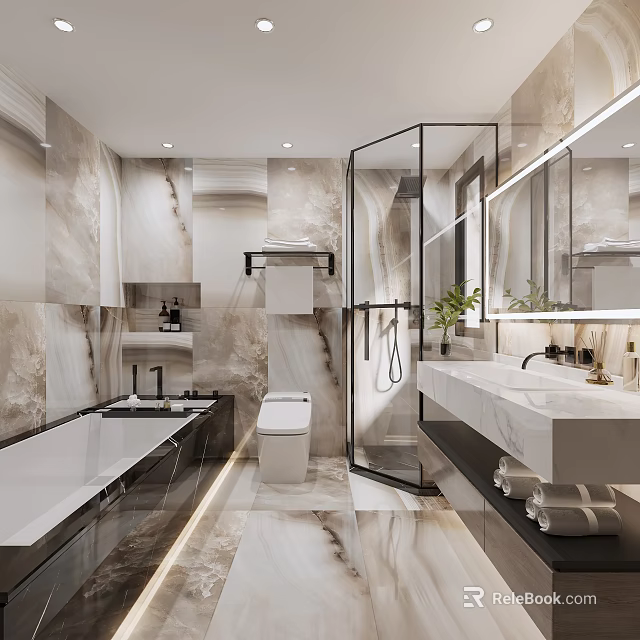 Elegant Modern Marble Bathroom Interior Design With Bathtub Glass Shower Smart Toilet And Floating Vanity 3d model 