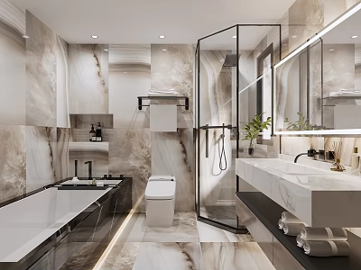 Elegant Modern Marble Bathroom Interior Design With Bathtub Glass Shower Smart Toilet And Floating Vanity 3d model
