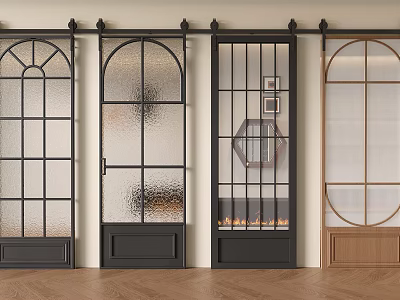 Stylish Barn Doors with Arch Grid and Round Glass Panels and Metal Frames 3d model