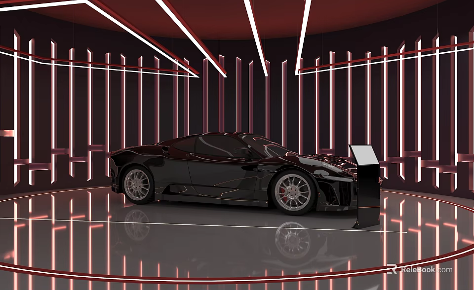 4S Store Modern Showroom Display With Black Sports Car Neon Lights And Display Screen 3d model 