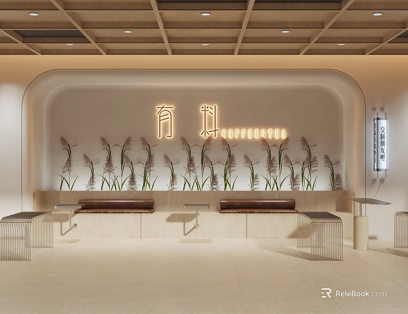 Youliao Bubble Tea Shop Interior With Neon Sign Plant Decor Wooden Benches And Metal Tables 3d model 