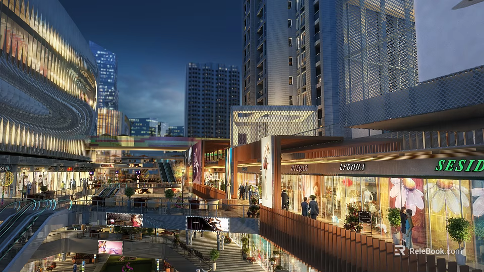 Modern Commercial Street With Multi story Buildings Shops Pedestrians And Bright Night Lighting 3d model 