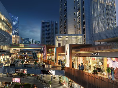Modern Commercial Street With Multi story Buildings Shops Pedestrians And Bright Night Lighting 3d model