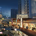Modern Commercial Street With Multi story Buildings Shops Pedestrians And Bright Night Lighting