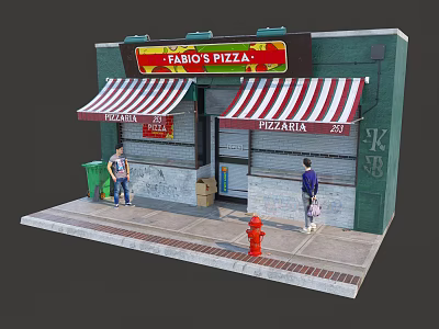 Fabio's Pizza Pizzeria Exterior With Red White Striped Awning People Outside Fire Hydrant Trash Can 3d model