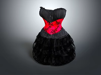 Feminine Black Dress With Red Lace Corset And Flowy Layered Tulle Skirt 3d model