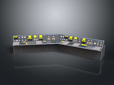 Industrial Control Panel Interface With Yellow Buttons Knobs And Display Screens 3d model