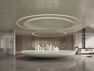 Sales Office Modern Interior With Circular Ceiling Lights Central Decorative Platform And Wooden Walls 3d model