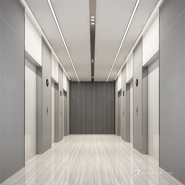 Modern Elevator Hallway Interior Design With Multiple Doors And Bright Lighting 3d model