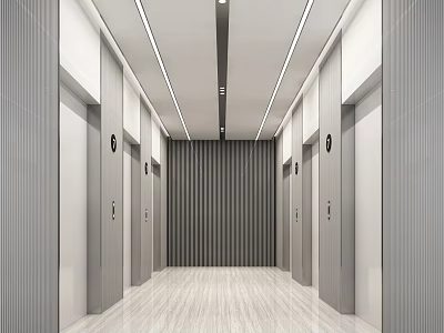 Modern Elevator Hallway Interior Design With Multiple Doors And Bright Lighting 3d model