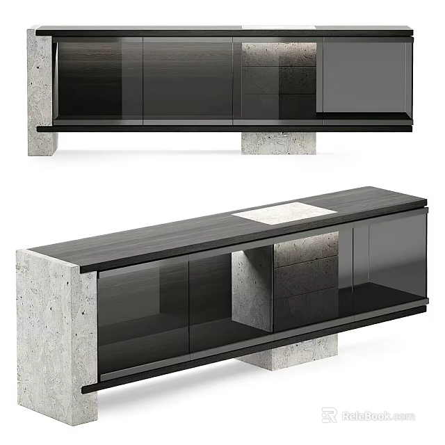 Modern TV Stand With Wooden Top Metal Frame And Storage Drawers Design 3d model 