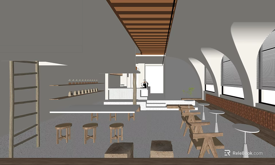 Minimalist Cafe Interior With Wooden Ceiling Tables Chairs Open Layout And Shelves 3d model 
